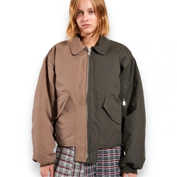 Division Upcycled Oversized Split Bomber Jacket - Sand & Gray sz XL